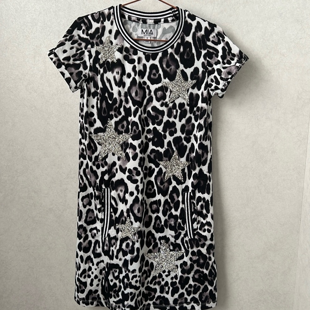 MIA New York girls animal print sparkle star soft tshirt dress sz S